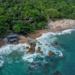 An aerial view of a beach and ocean