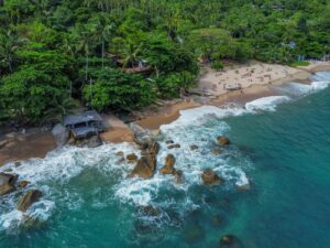 An aerial view of a beach and ocean