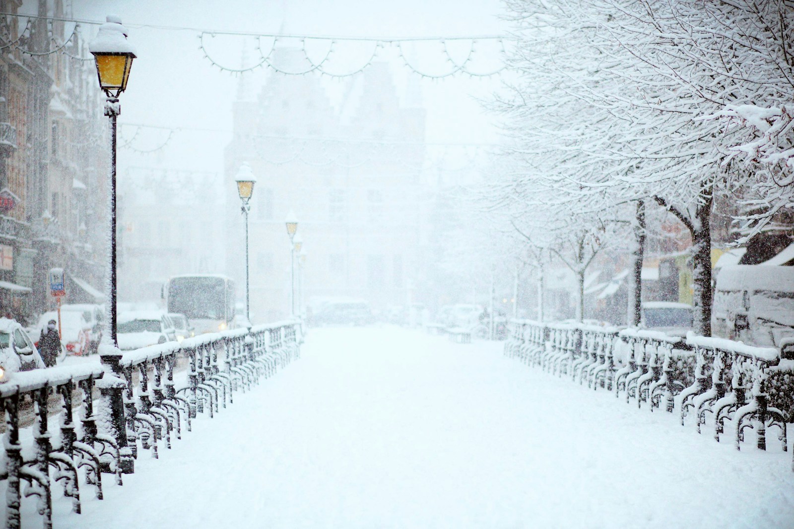 road covered by snow near vehicle traveling at daytime